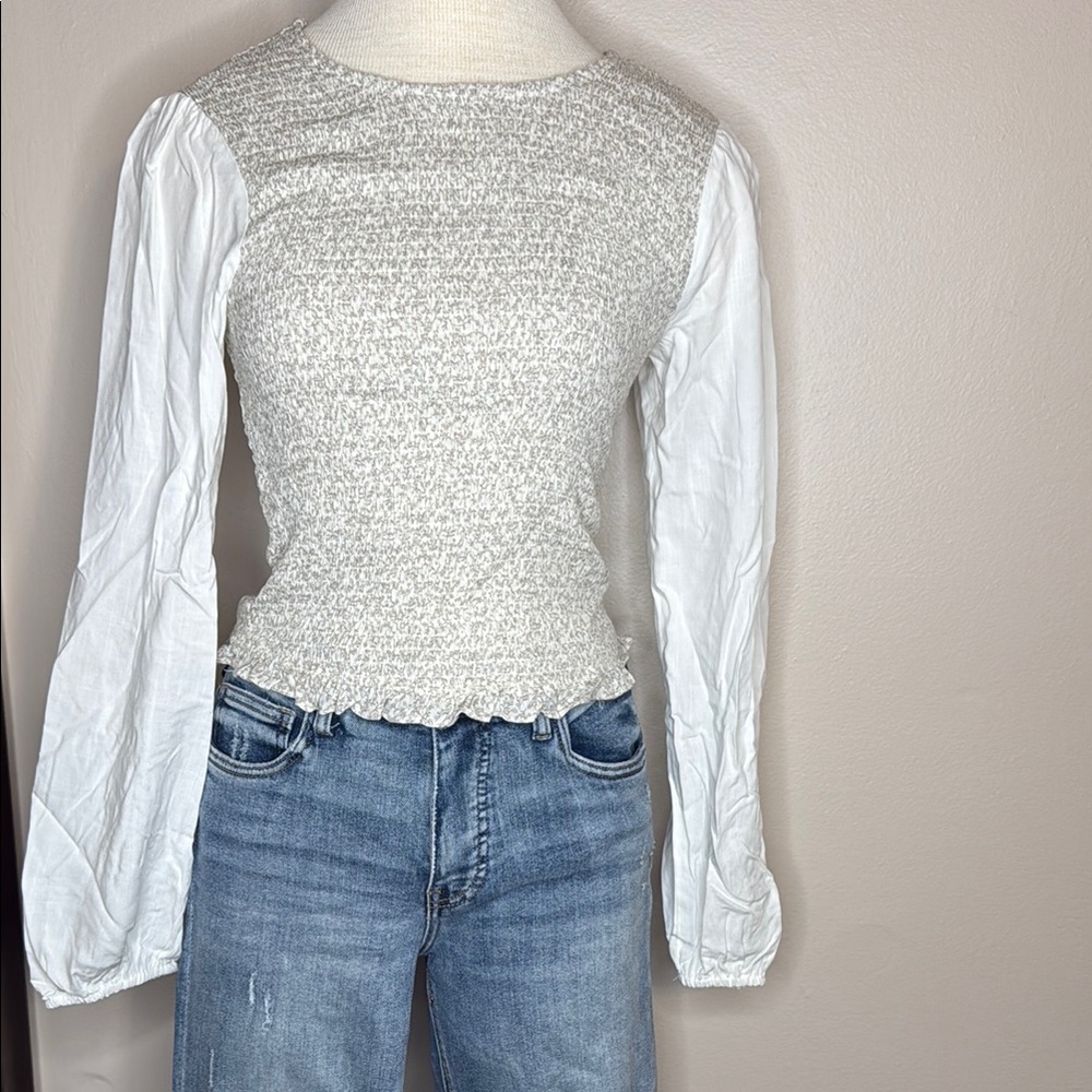 Hem & Thread Cream and White Smocked Long Sleeve Blouse